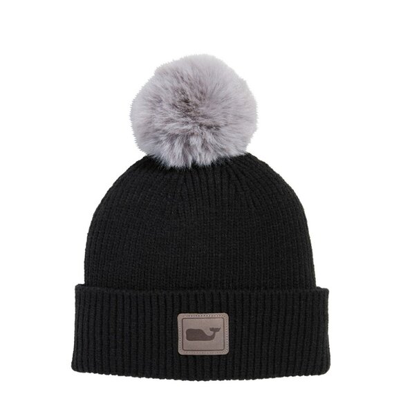 Vineyard Vines Cold Weather Black Luxe Rib Knit Beanie Hat Grey Pom Pom NEW - Picture 1 of 3